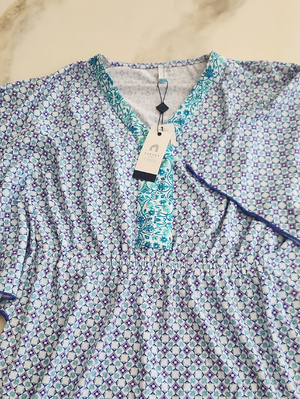 Cabana Life Blue, Teal & White Printed V-Neck Cover Up Dress. New!